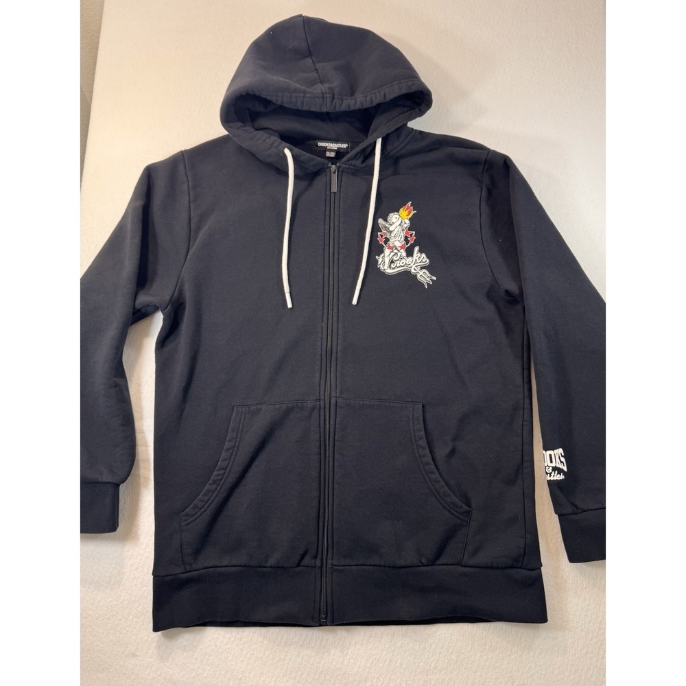 Crooks & Castle Mens Full Zip Hoodie Black 2XL Angel Graphic Y2K Streetwear EUC